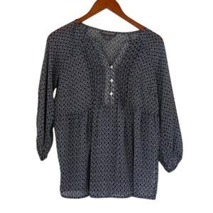 Pea in the Pod Maternity Sheer Blue Floral Pleated Neck Peasant Blouse, XS